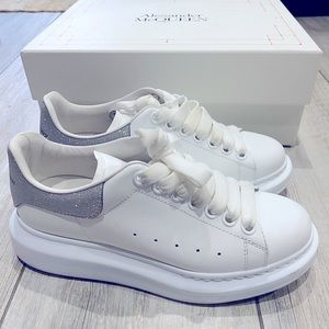 SOLD Alexander McQueen leather white sneaker with glitter tab; sparking holiday